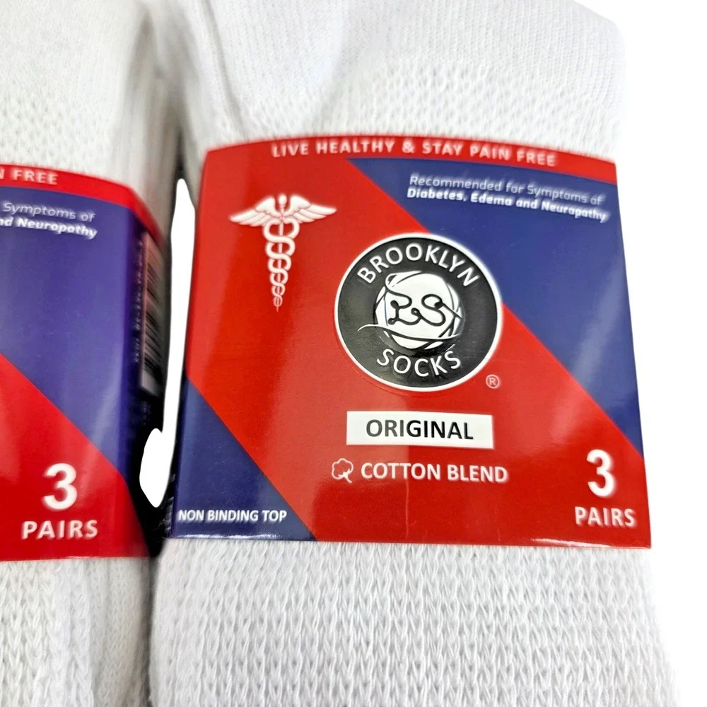 6-Pack BROOKLYN White Diabetic Socks Sz 9-11, Shoe Sz Mens 7-9.5